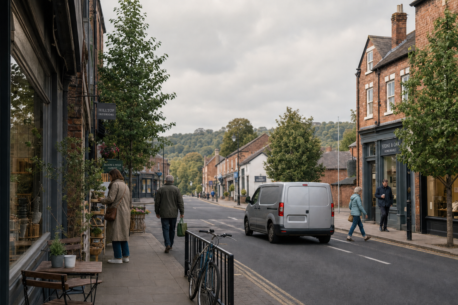 A quiet street scene with people walking and a van driving past brick shops and trees under a cloudy sky.