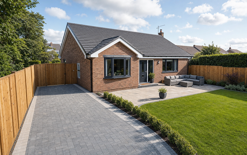 A brick bungalow with a neat front garden, paved driveway, and patio furniture on a sunny day.