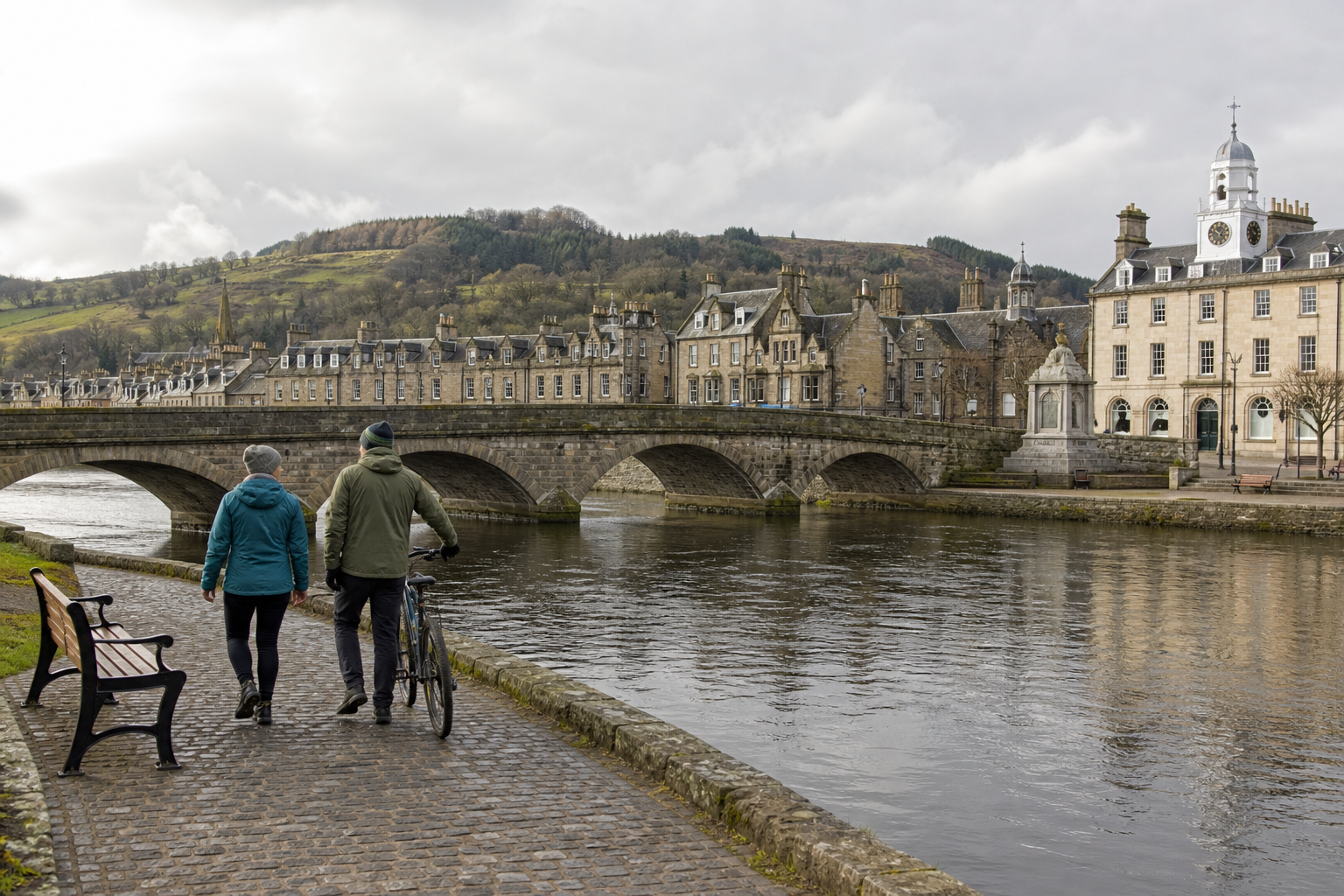A couple walks along a riverside path beside a stone bridge and historic buildings under a cloudy sky.