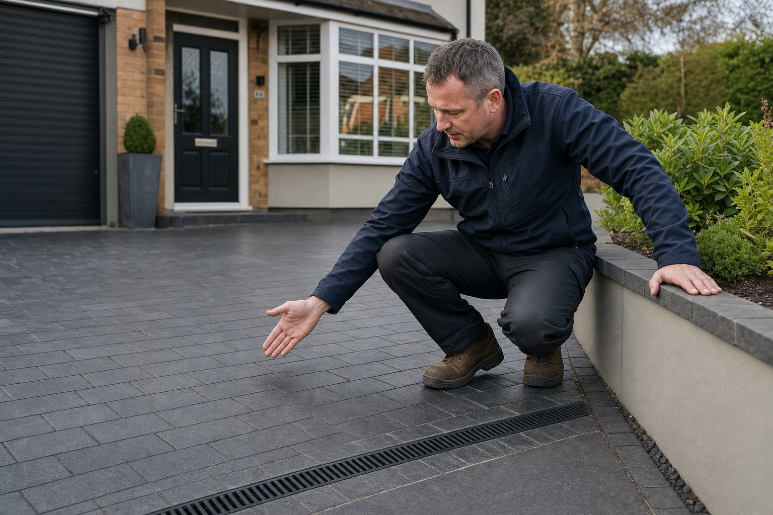 A man crouches next to a sloped driveway, pointing towards a drainage grate in a residential area.