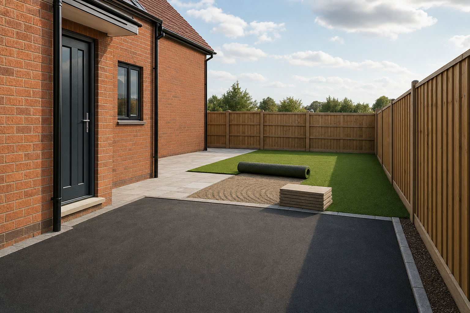 A modern backyard with rolled turf, paving slabs, and a brick building, surrounded by a wooden fence under a blue sky.