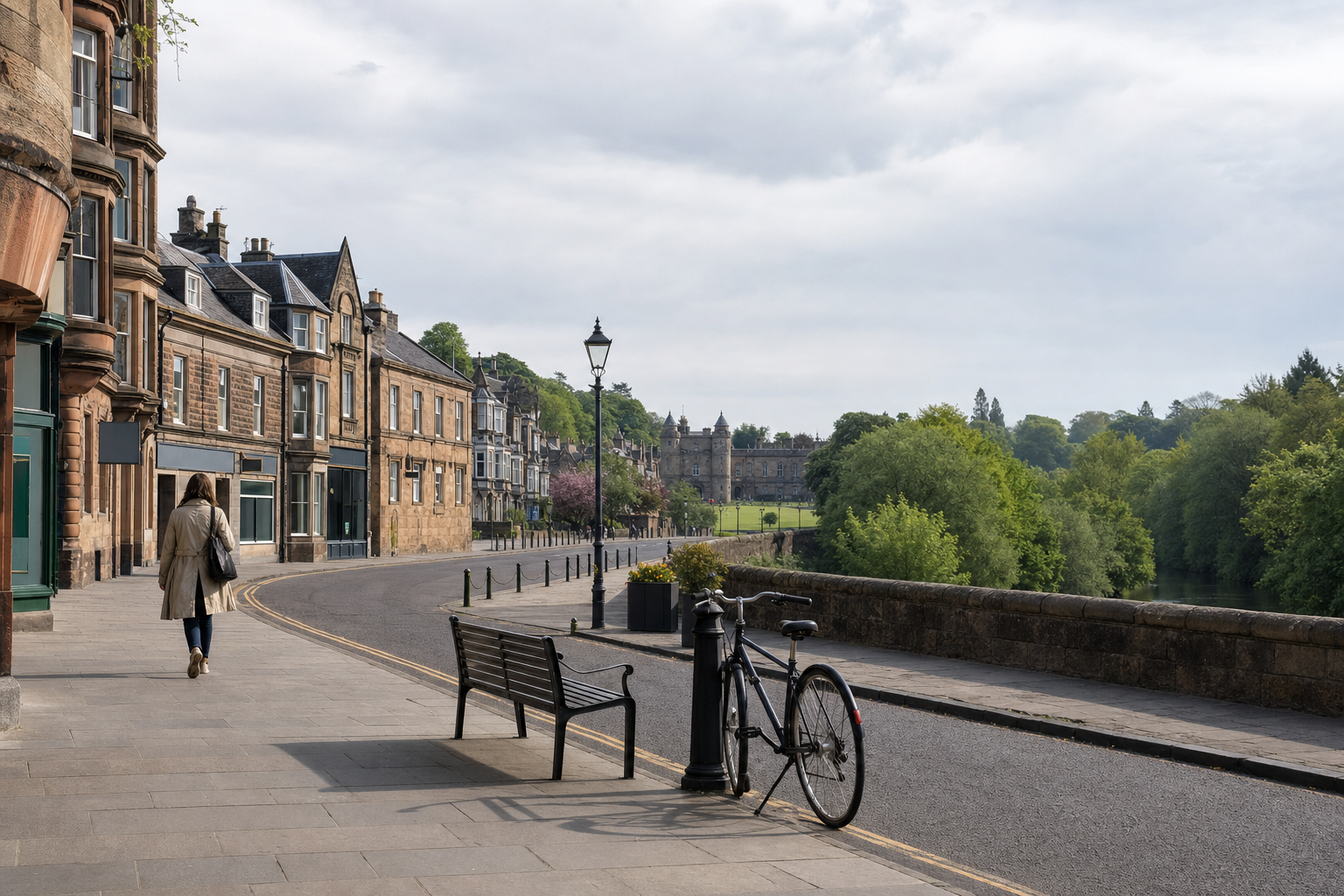 A quiet street with historic buildings, a person walking, and a bicycle parked by a bench.