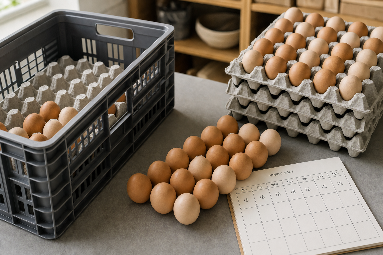 Eggs are neatly arranged in trays and a crate on a table, with a weekly egg tally chart nearby.