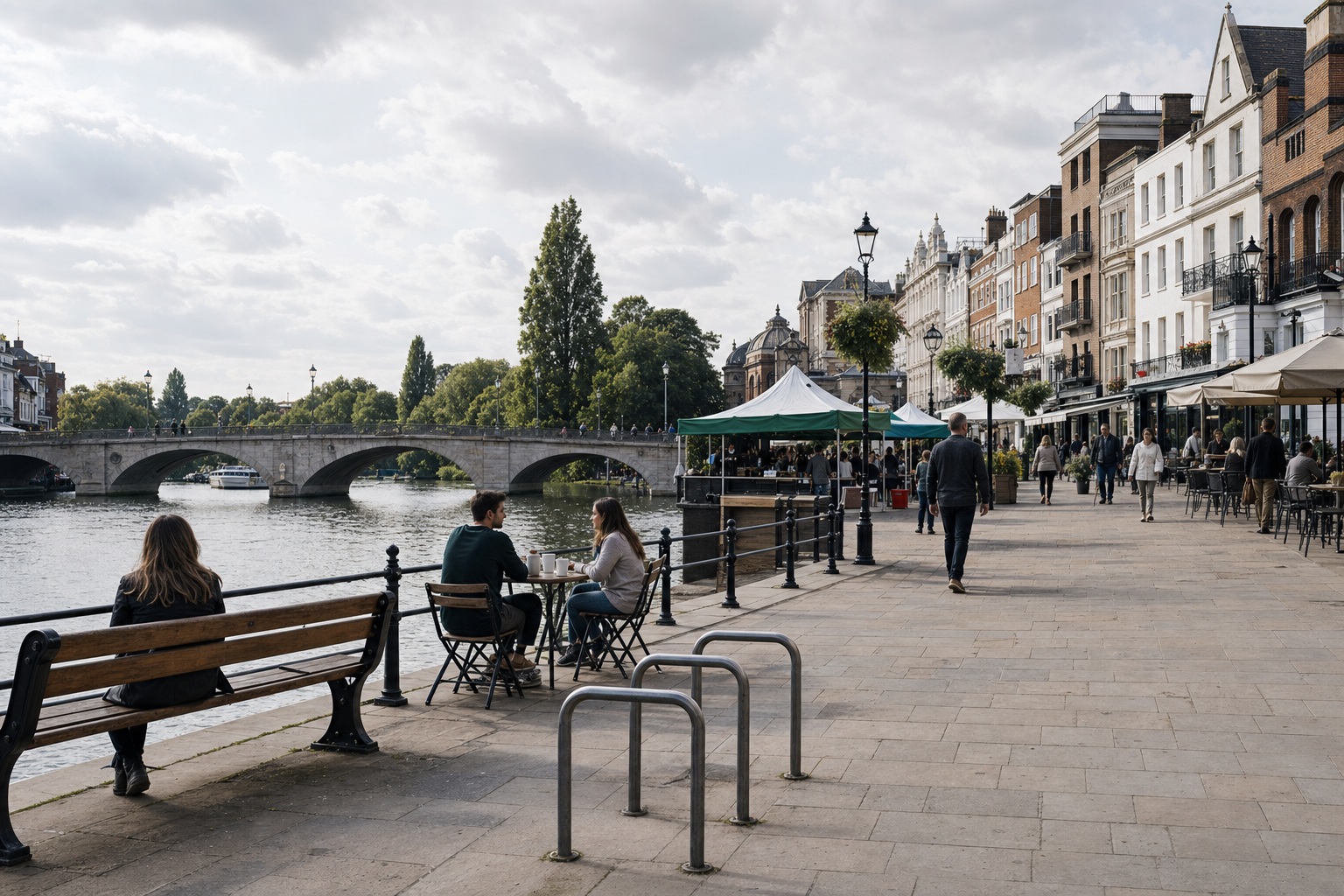People enjoying a riverside cafe with a historic bridge and vibrant street market in the background.