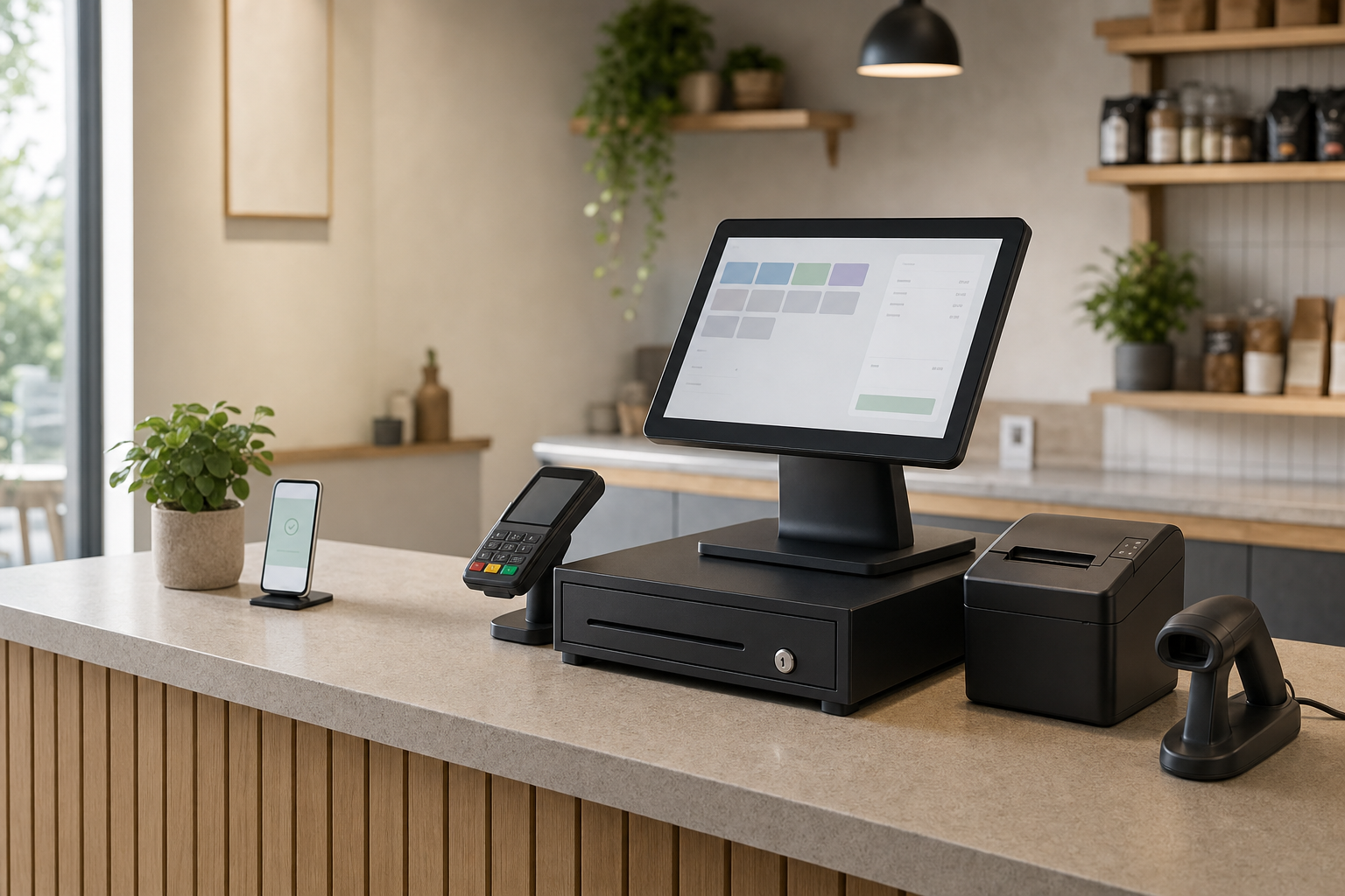 A modern point-of-sale system with a touchscreen, card reader, and receipt printer on a wooden counter.