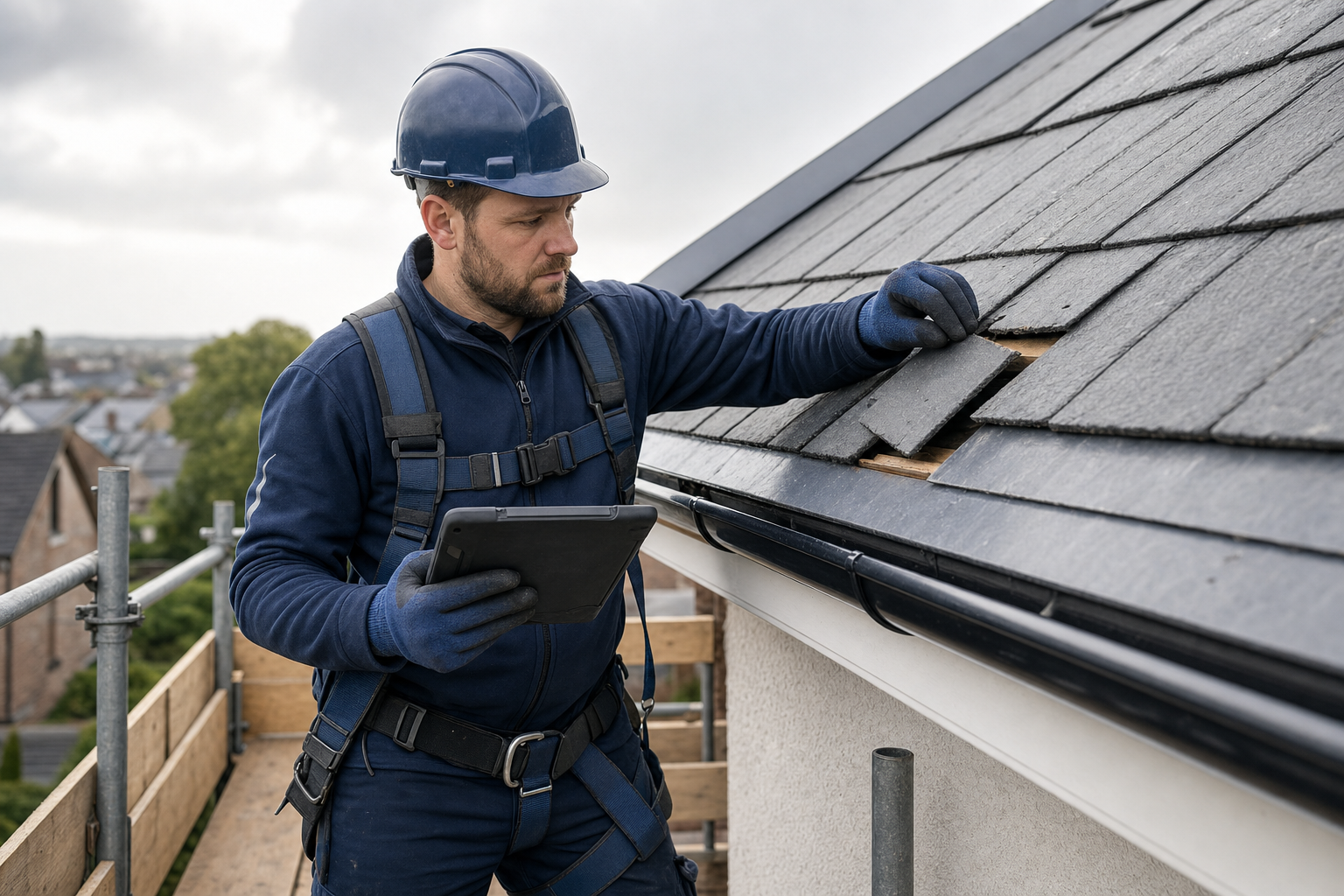 A construction worker in a blue uniform and helmet inspects roof tiles while holding a tablet on scaffolding.