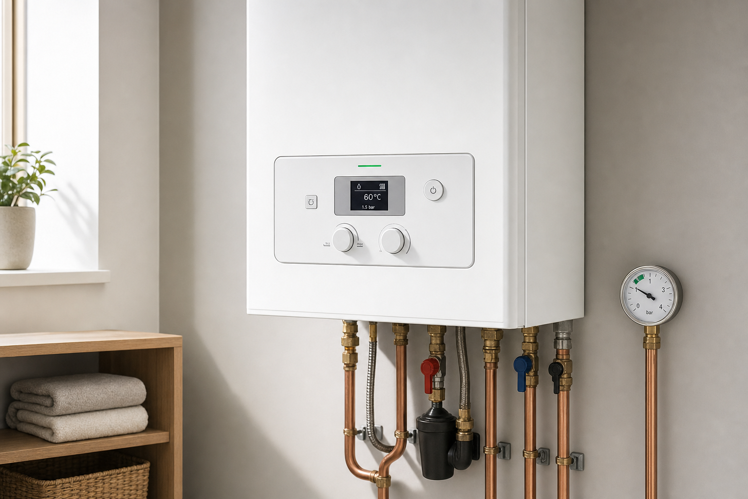 Modern wall-mounted gas boiler with digital temperature display, surrounded by copper pipes and a pressure gauge.