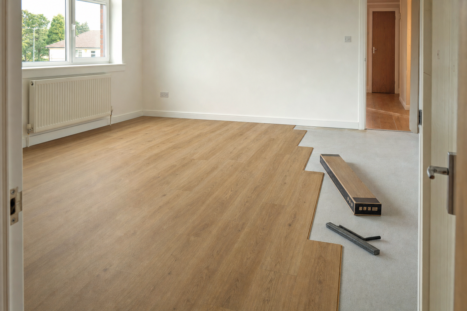 Unfinished room with partially installed wooden flooring and tools on the floor near a window.