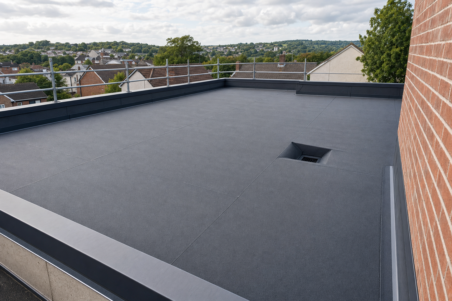 Flat grey rooftop with a drainage outlet, bordered by red brick wall and metal railings, overlooking neighbouring houses.