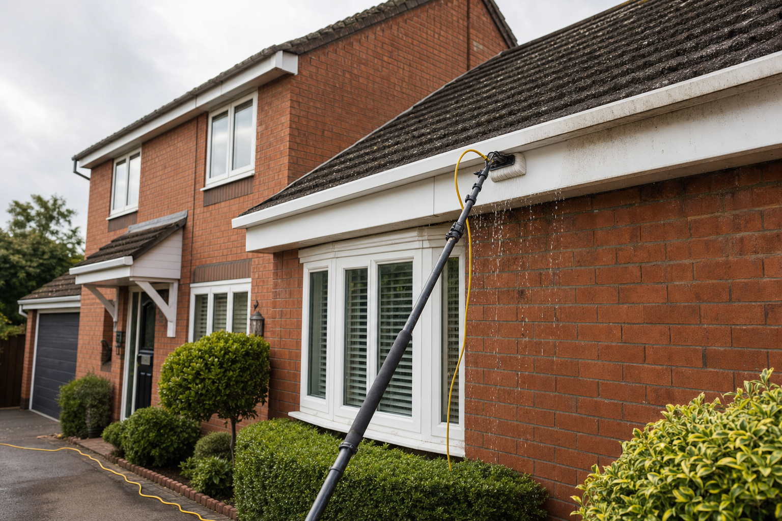 A long brush is cleaning the gutters of a brick house with water streaming from the edge of the roof.