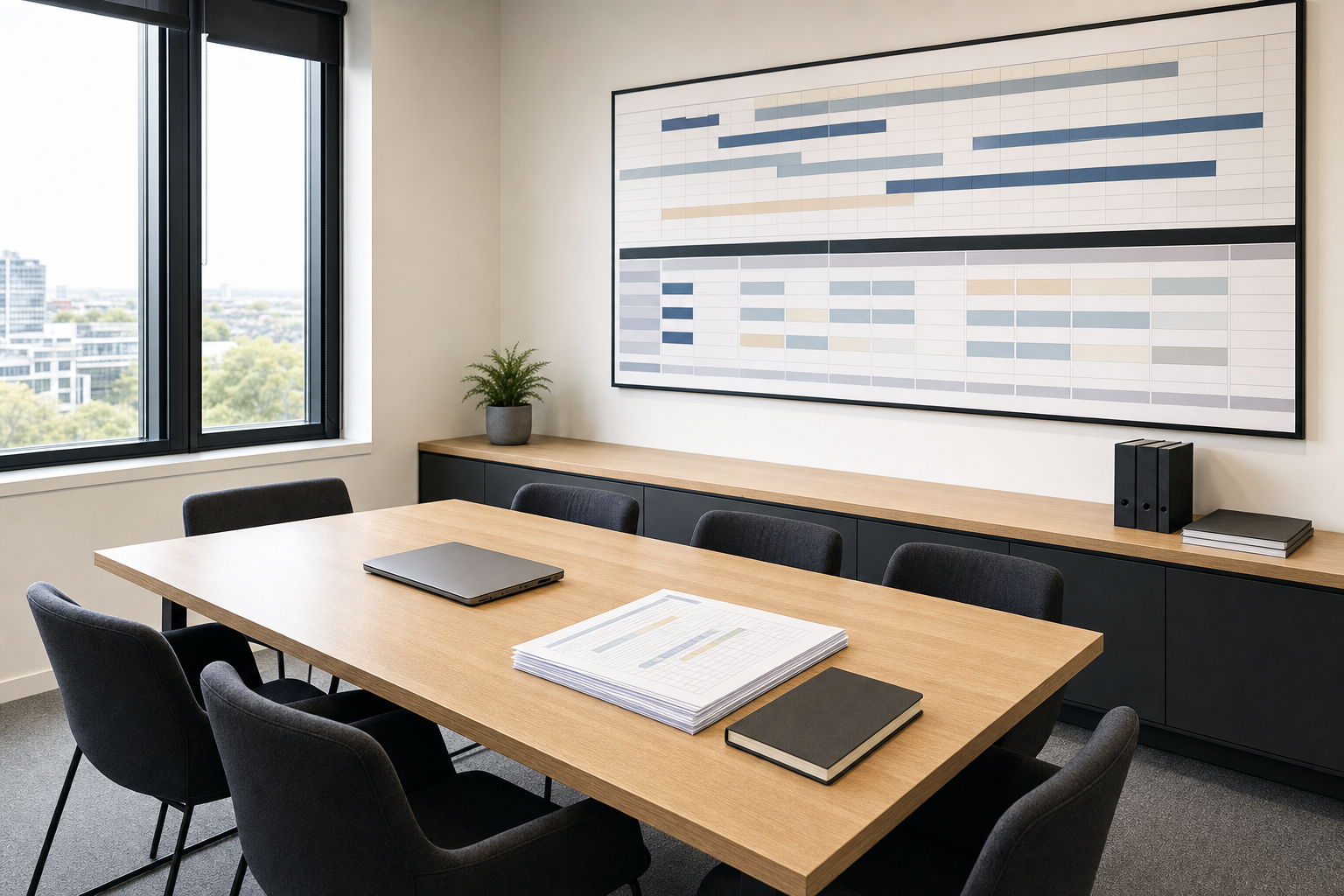 Modern conference room with a large wooden table, chairs, and a timeline chart on the wall.