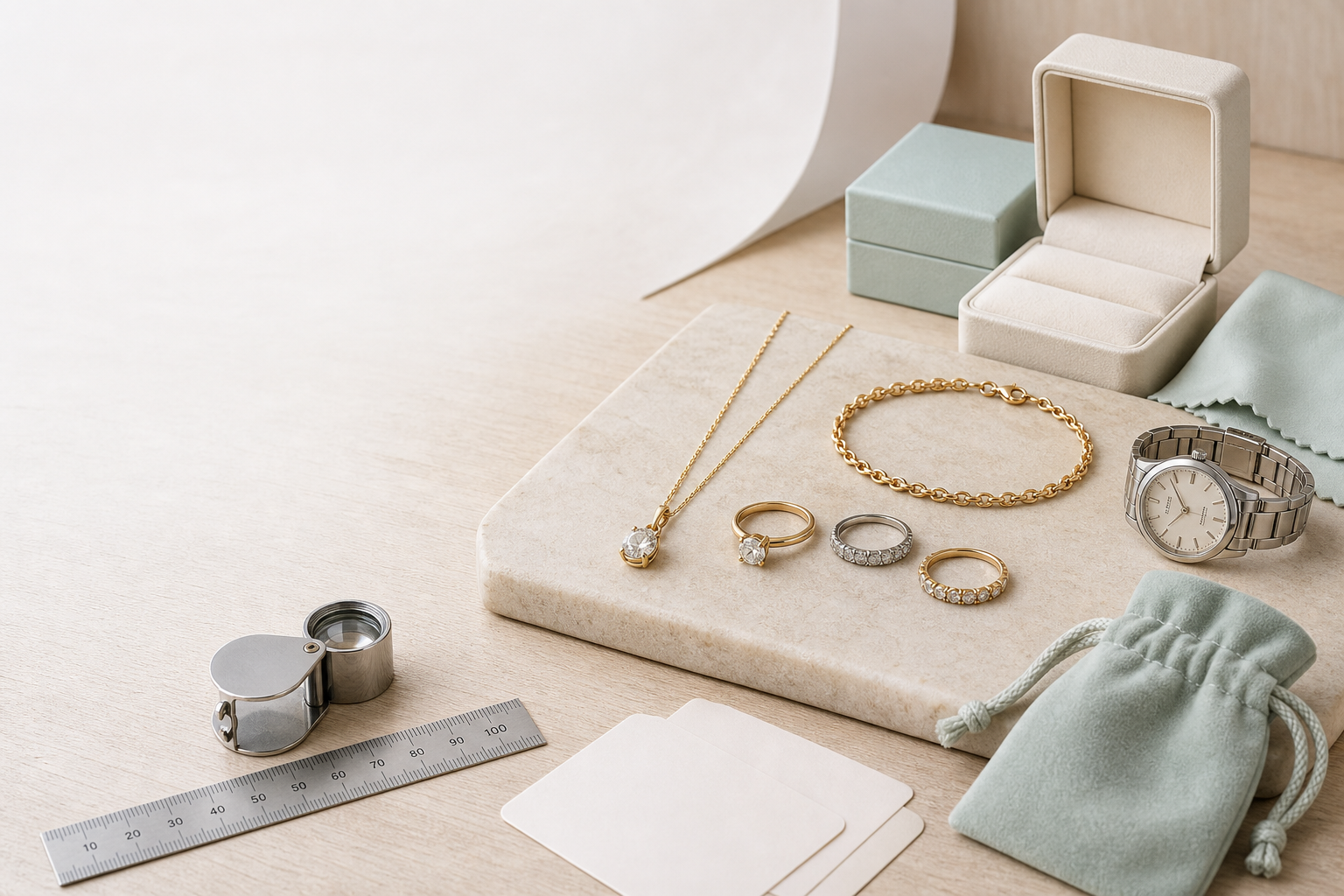 Jewelry assortment displayed on a textured surface with a watch, ruler, and boxes.