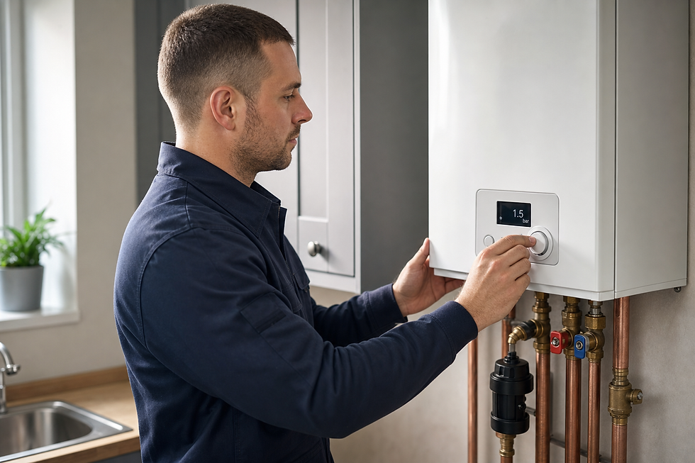 Man in a navy uniform adjusting the settings on a modern boiler in a kitchen.