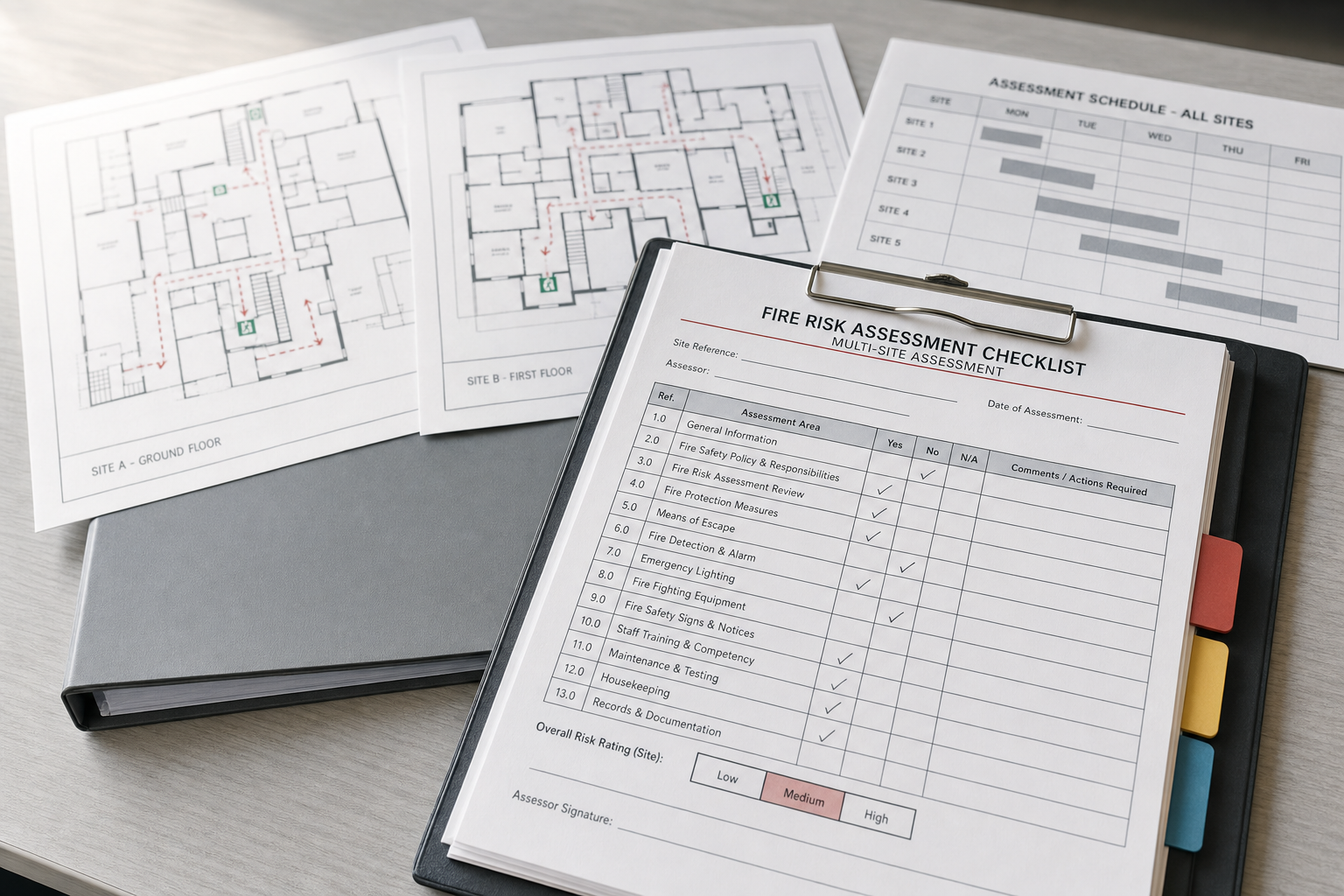 Fire risk assessment checklist on a clipboard with floor plans and a multi-site schedule on a desk.