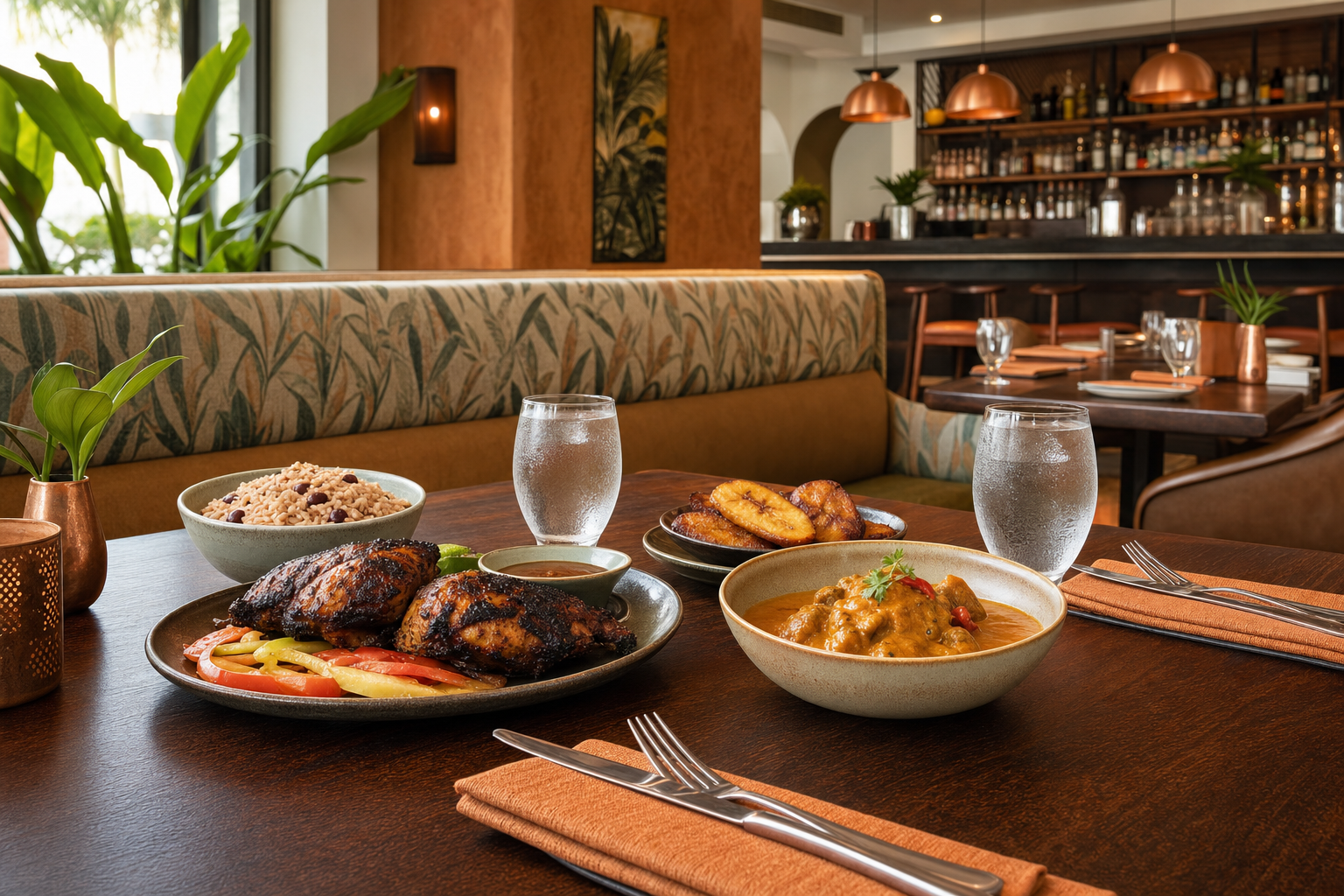 A table in a cosy restaurant set with Caribbean dishes, including jerk chicken, curry, plantains, rice, and glasses of water.
