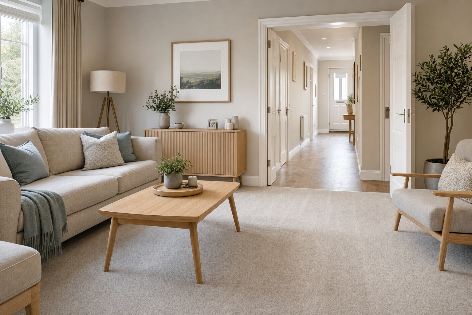 Modern living room with beige sofas, wooden furniture, and plants, leading into a well-lit hallway with open doors.
