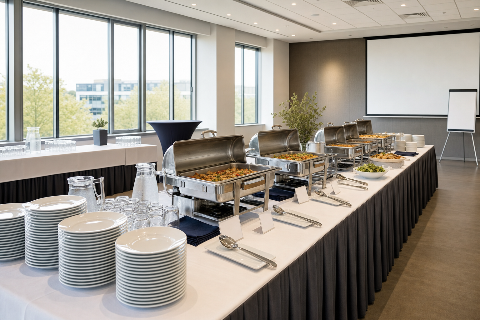 Catering setup with chafing dishes, plates, and glassware in a conference room with large windows.