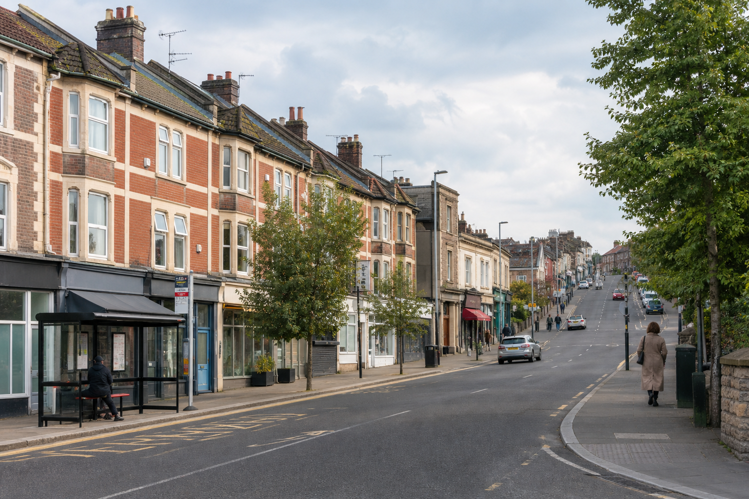 A quiet street with a row of terraced houses, a bus stop, and a few cars and pedestrians in autumn.