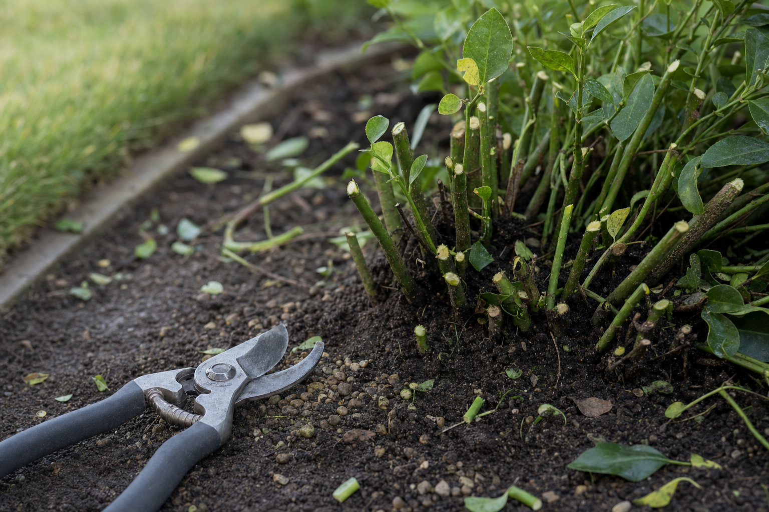 Pruning shears lying on soil next to freshly trimmed plant stems in a garden bed.