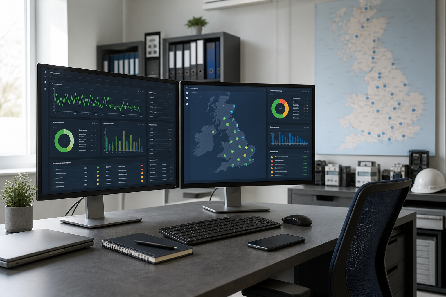 Dual monitors display data dashboards with charts and maps in an office setting.