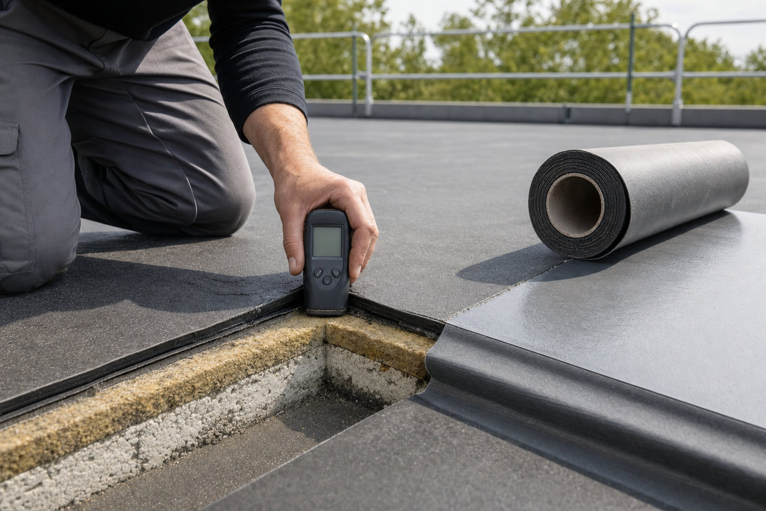 A person uses a handheld device to measure the thickness of roofing material on a flat rooftop.