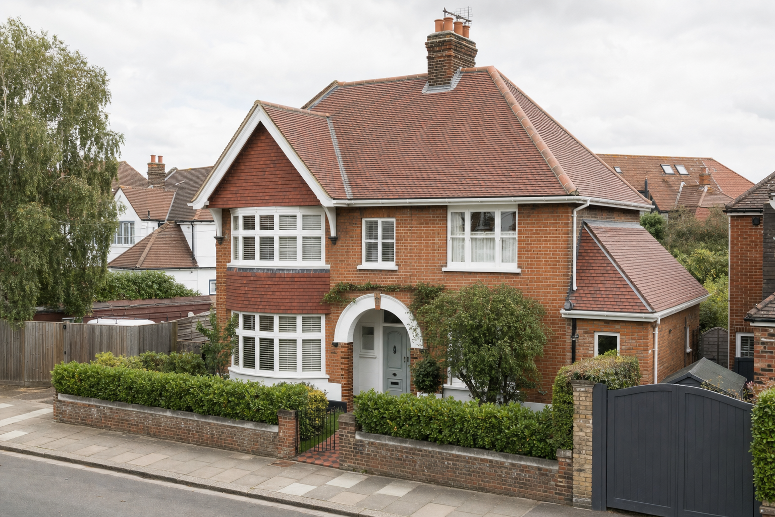 A two-storey detached house with a red brick exterior and a well-kept garden in a suburban neighbourhood.