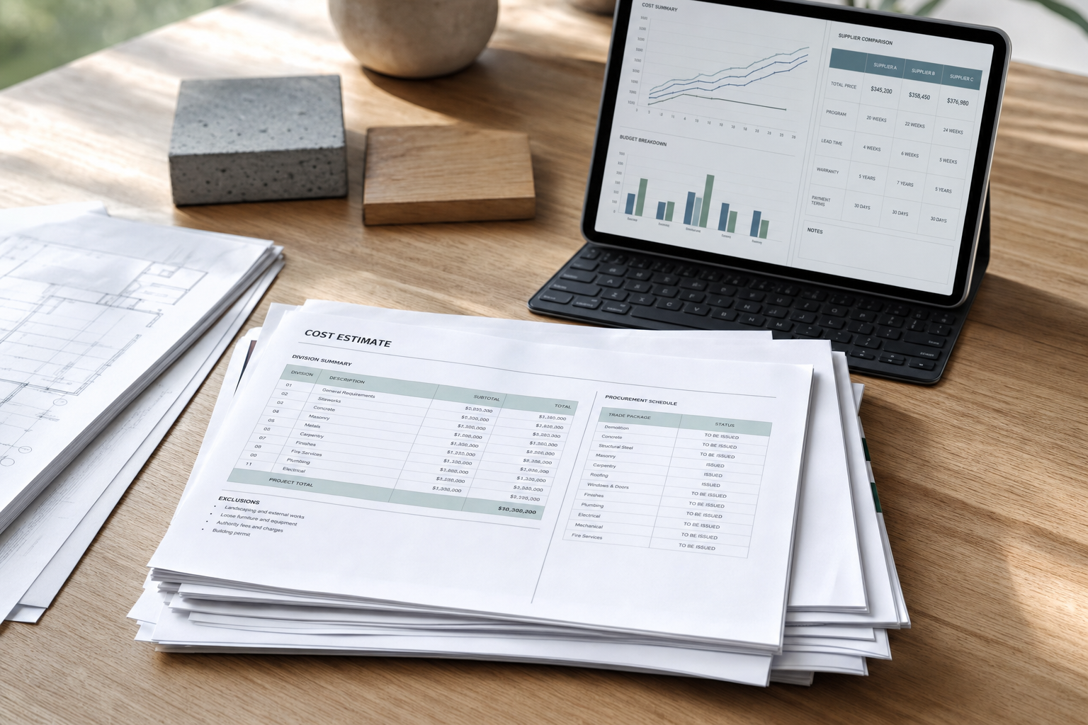 Cost estimate documents next to an open laptop displaying graphs on a wooden desk.