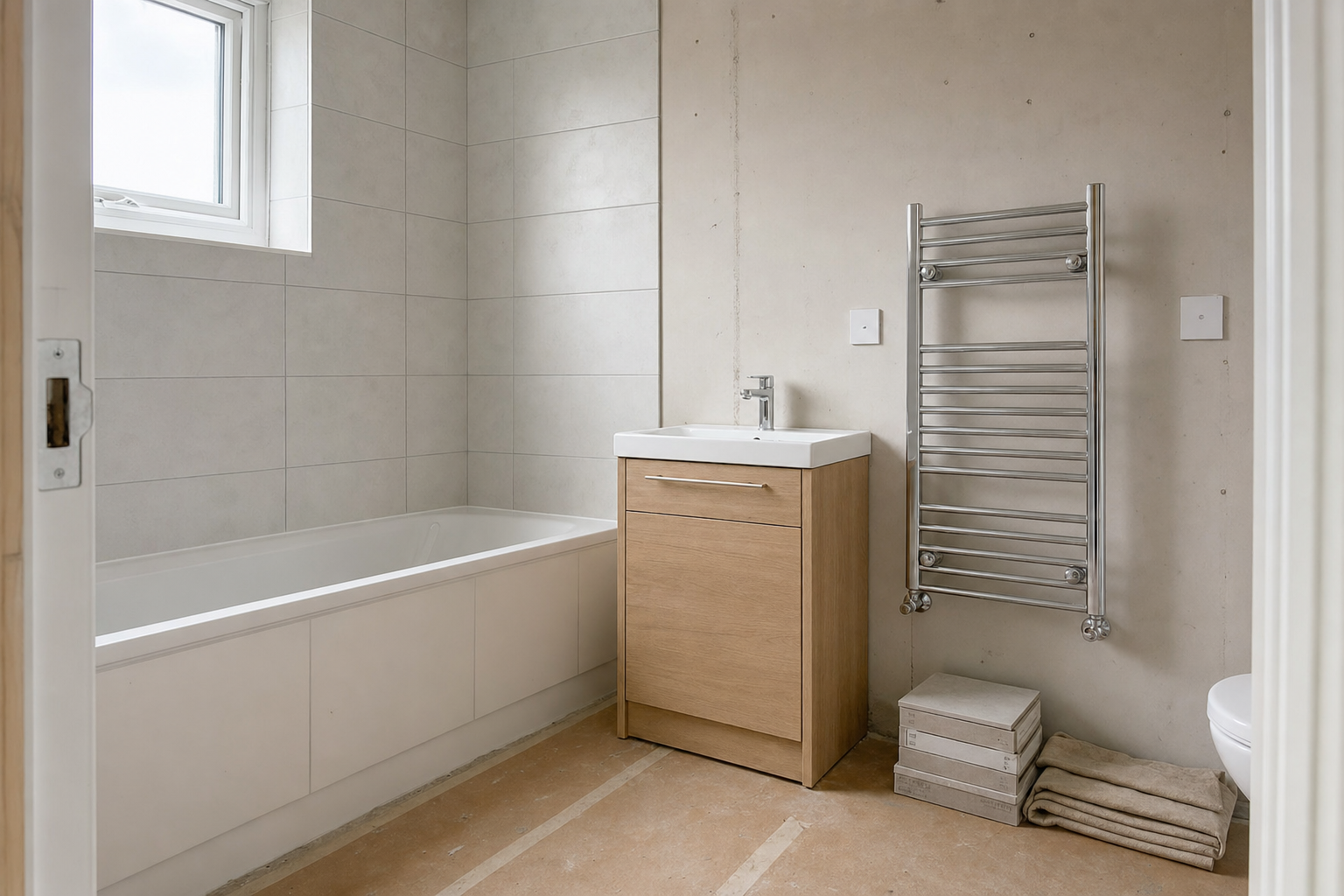 Modern bathroom with bathtub, wooden vanity unit, heated towel rail, and stacks of boxes on a tiled floor.