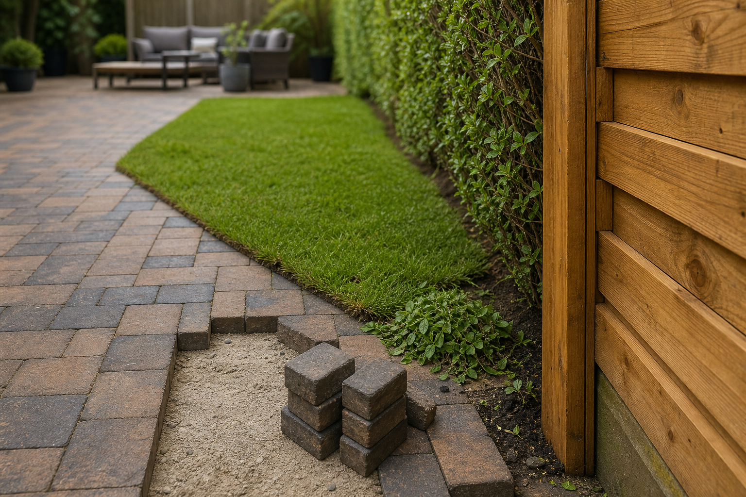 Block paving in a garden under construction, with a neat grass lawn and wooden fence in the background.