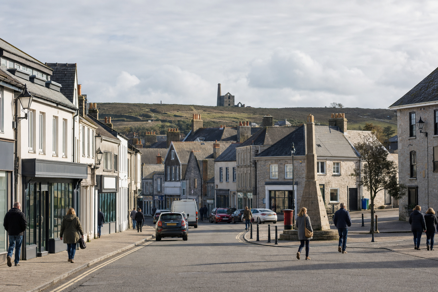 A small Cornish town street with people walking and an old mine building visible on the hill in the background.