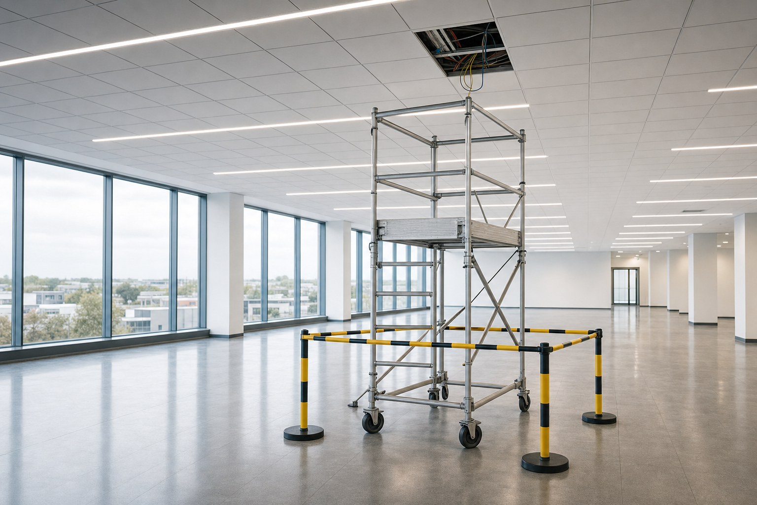 Scaffolding tower in an empty office with ceiling tiles removed and cables exposed.