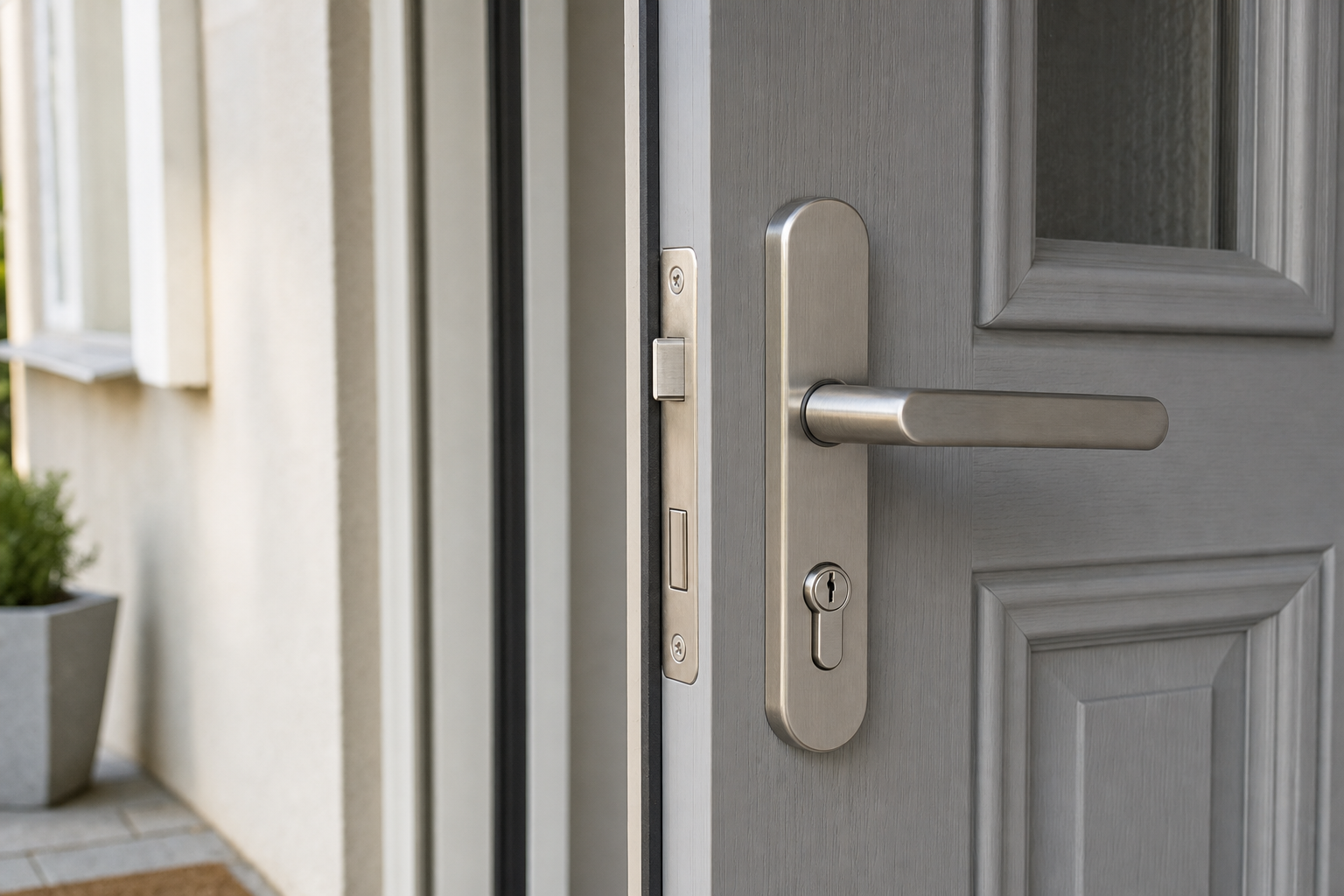 Grey door ajar with a sleek metal handle and a keyhole, leading to a bright, inviting exterior.