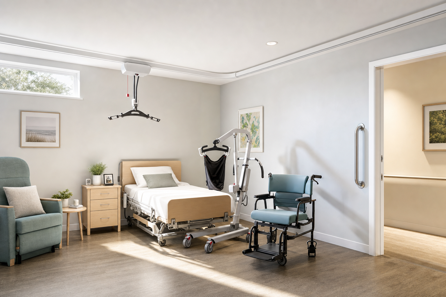 A modern hospital room with a hospital bed, mobility equipment, and comfortable seating.