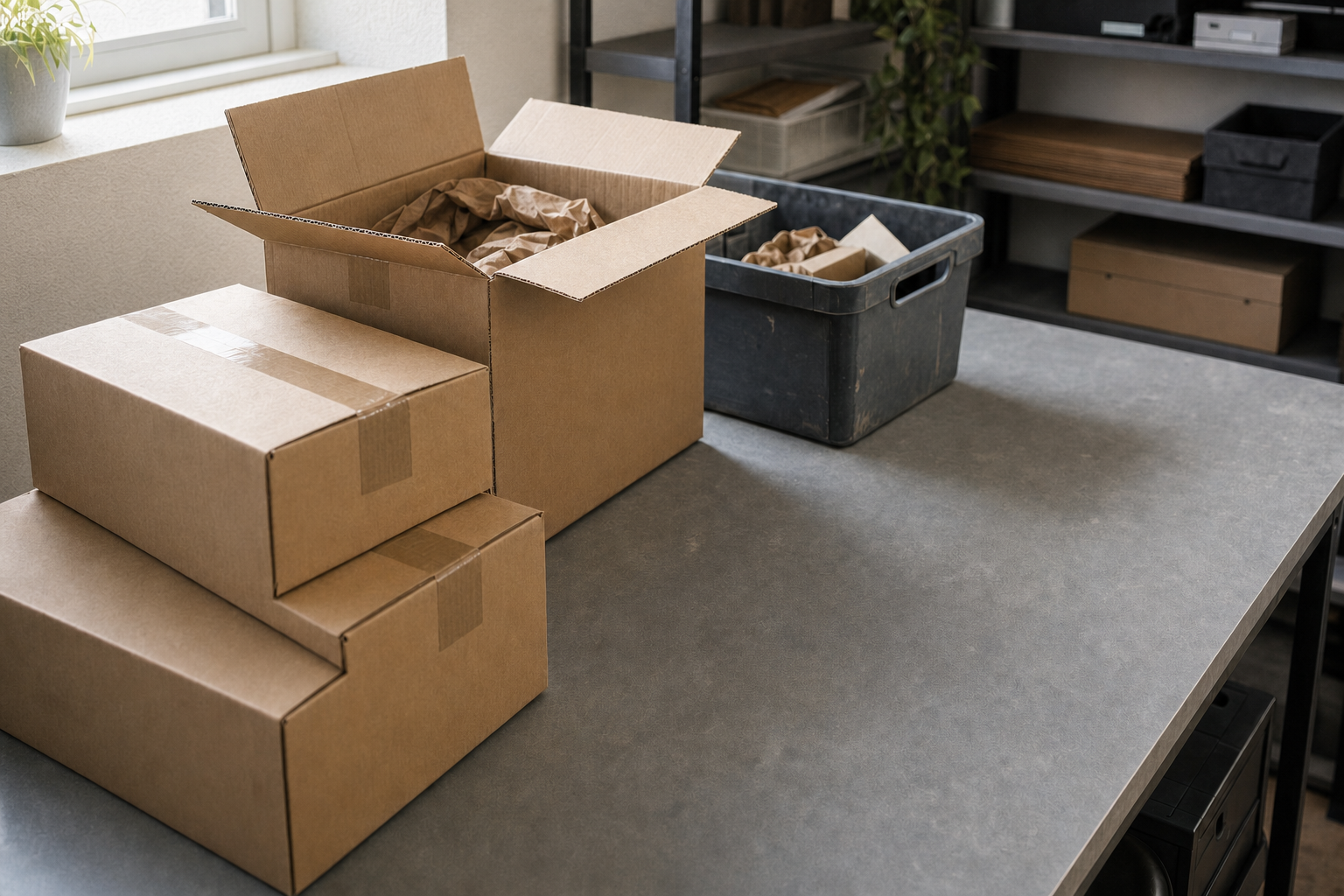 Three cardboard boxes and a grey container sit on a table in an organised workspace near a window.