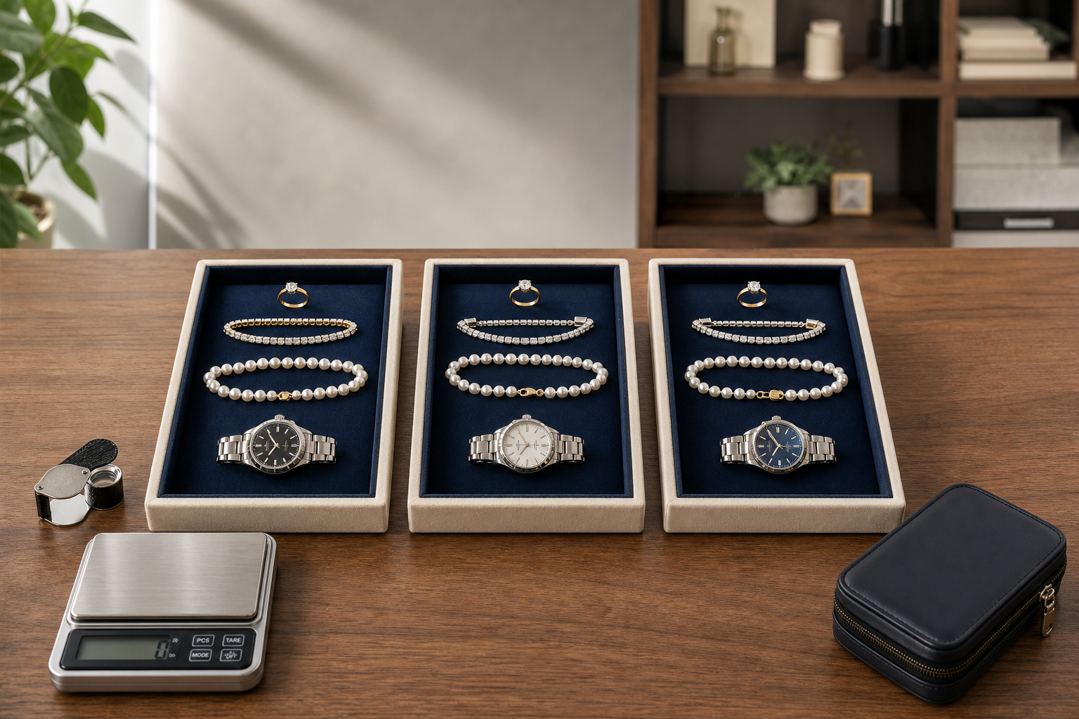 Three jewelry sets, each with a ring, bracelet, pearl necklace, and watch, displayed in boxes on a wooden table.