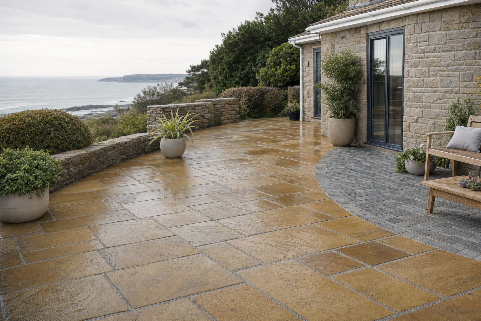 A spacious coastal patio with stone tiles, bordered by a low wall, overlooks the ocean, featuring potted plants and a wooden bench.