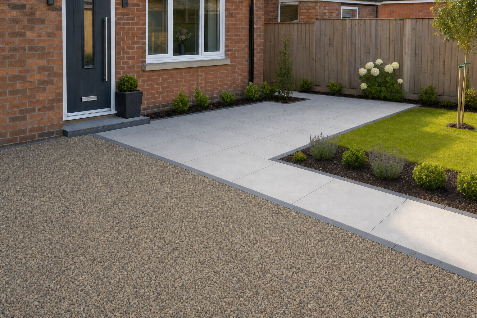 Modern driveway and garden with gravel, large grey tiles, and neatly trimmed bushes beside a brick house.