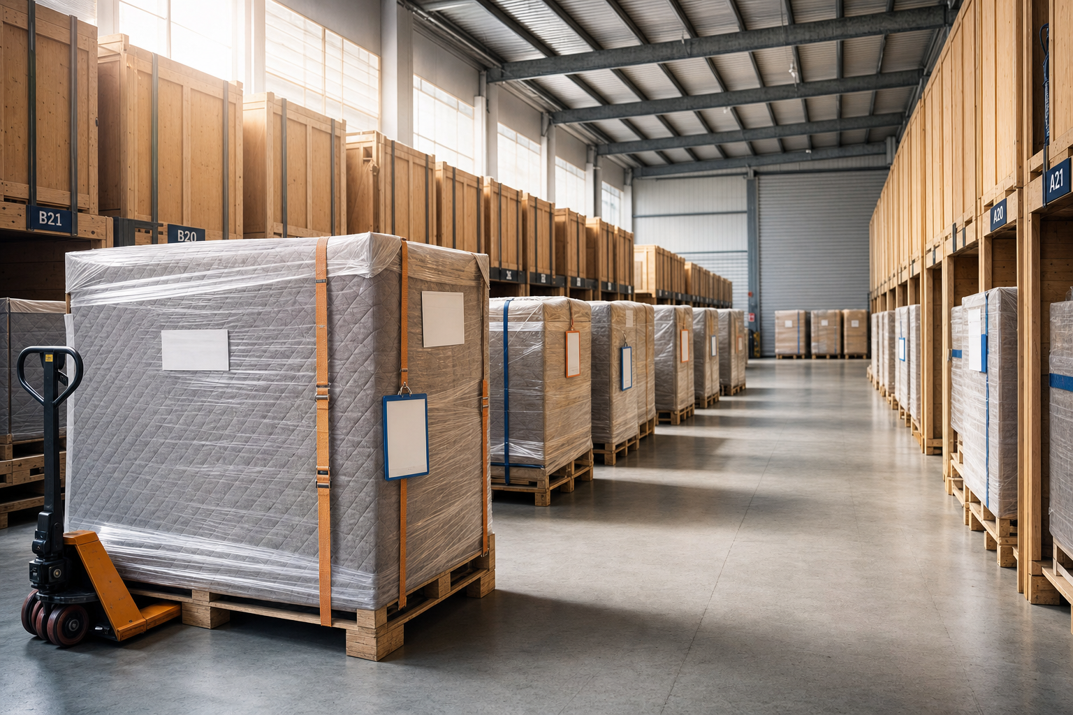 Spacious warehouse aisle with rows of wooden crates and large wrapped pallets on the floor, lit by natural light.