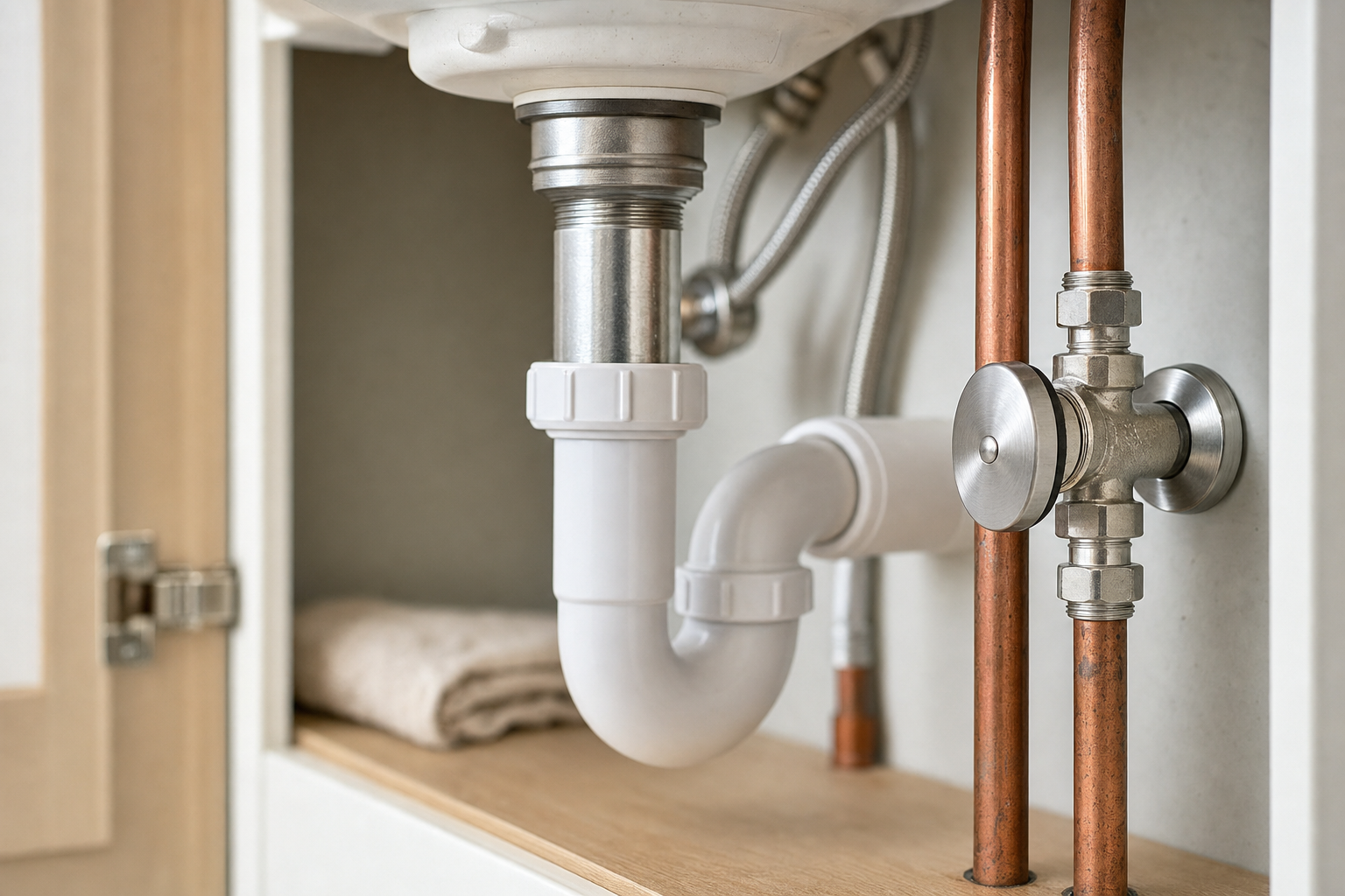 Under-sink plumbing with metal and plastic pipes alongside a folded towel.