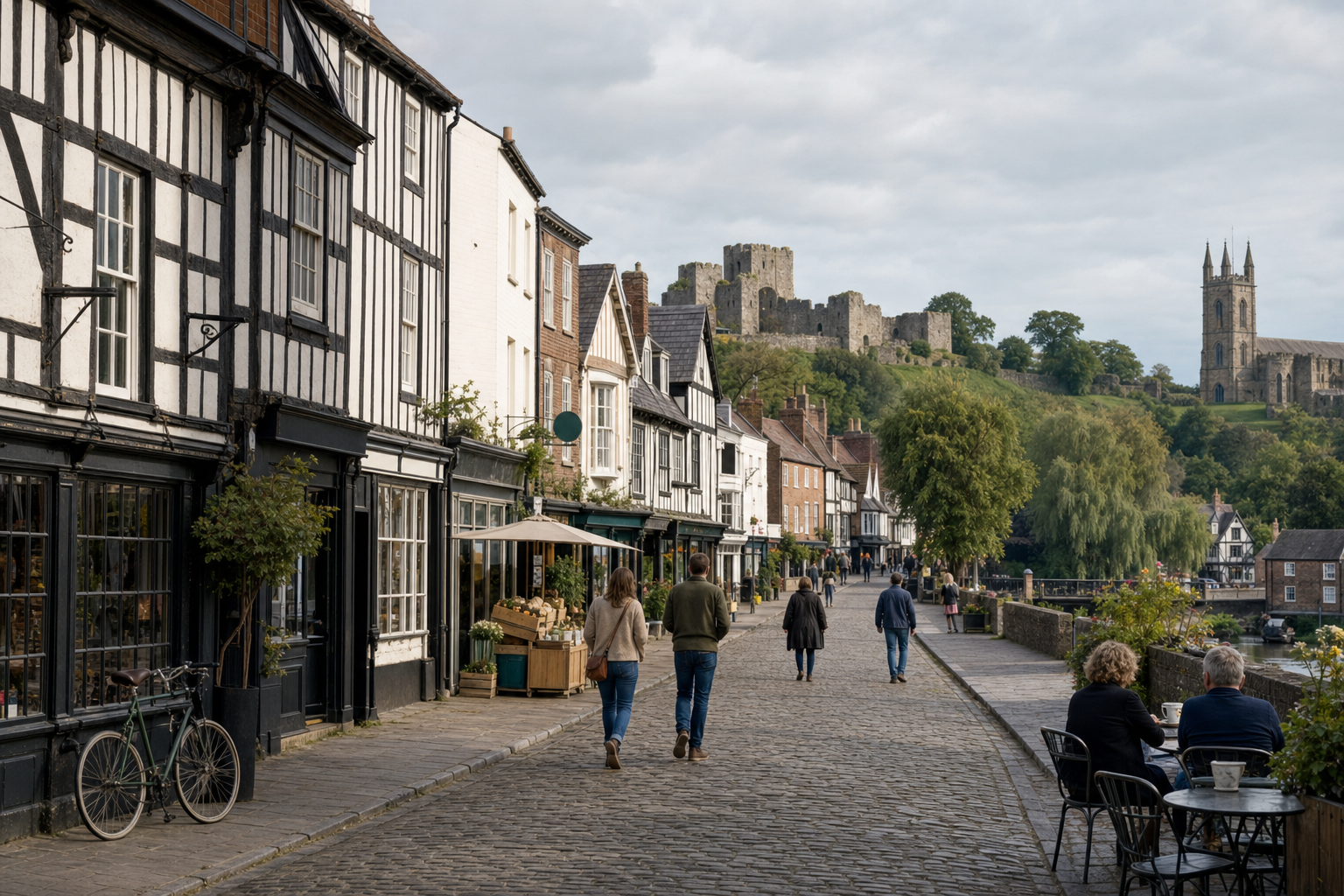 People walking on a cobbled street lined with historic buildings, a castle, and a church in the distance.