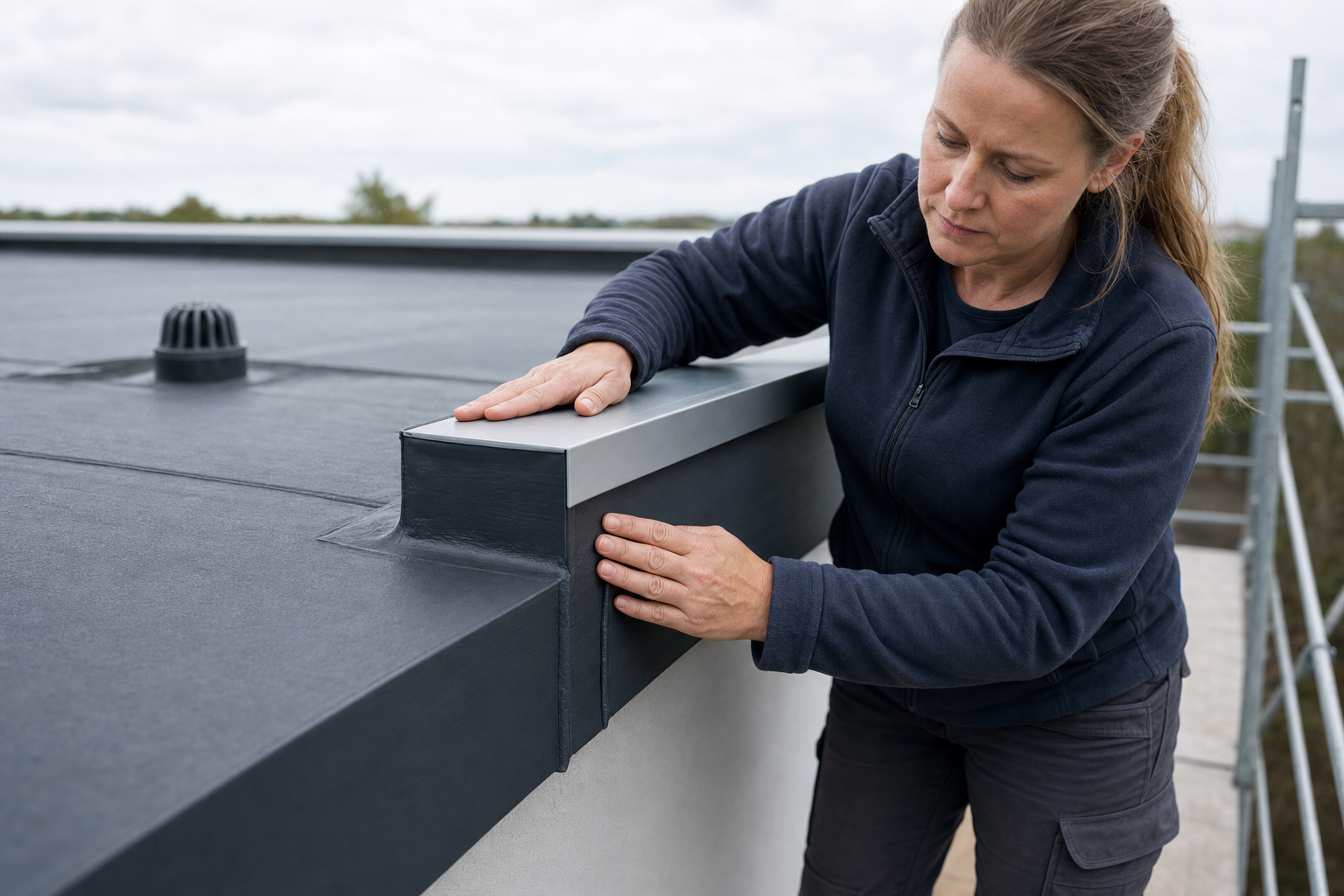 A woman in workwear inspects and touches a flat roof edge against an overcast sky, secured on scaffolding.