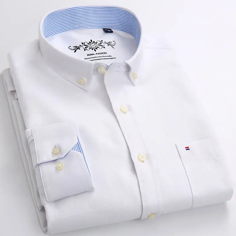 Men's Long Sleeve Blue Oxford Dress Shirt With Left Chest Pocket Cotton