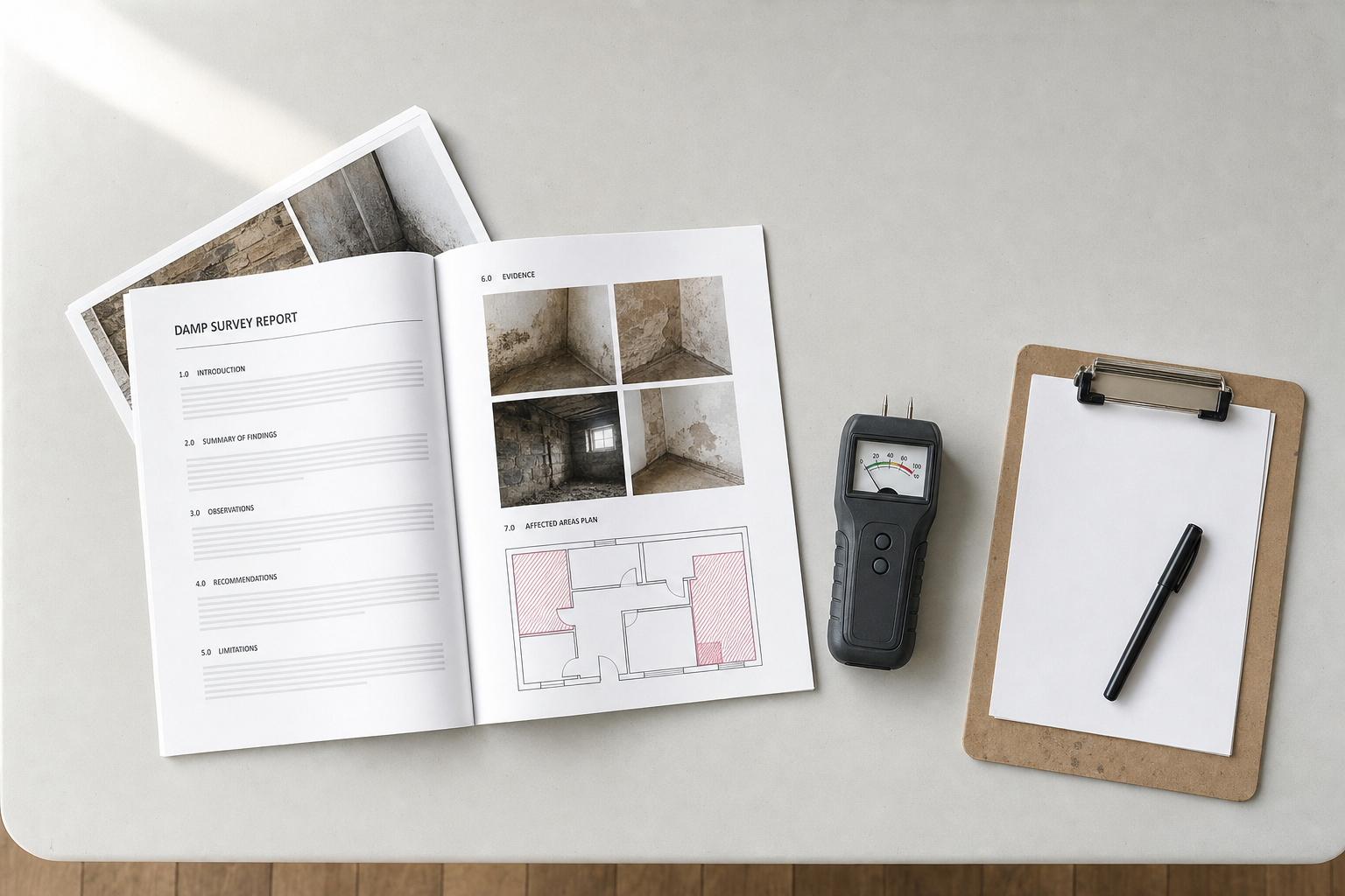 Damp survey report with images on a table alongside a moisture meter, clipboard, and pen.