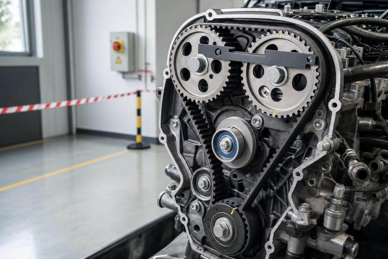 Close-up of a car engine's timing belt and gear system in a workshop setting.