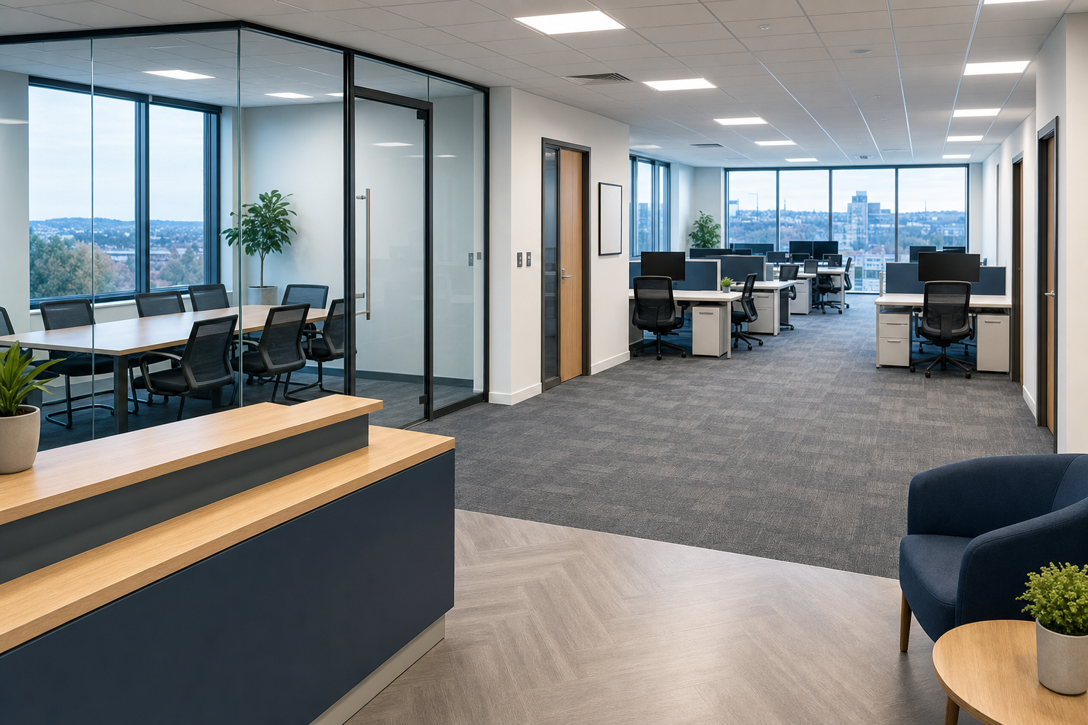 Modern open-plan office with glass-walled meeting room and workstations facing large windows with a city view.