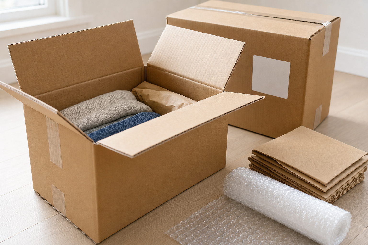 Cardboard box with clothes inside and packing materials nearby on a wooden floor.