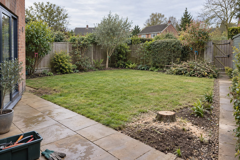 A neatly maintained garden with a recently cut tree stump and gardening tools on the patio.