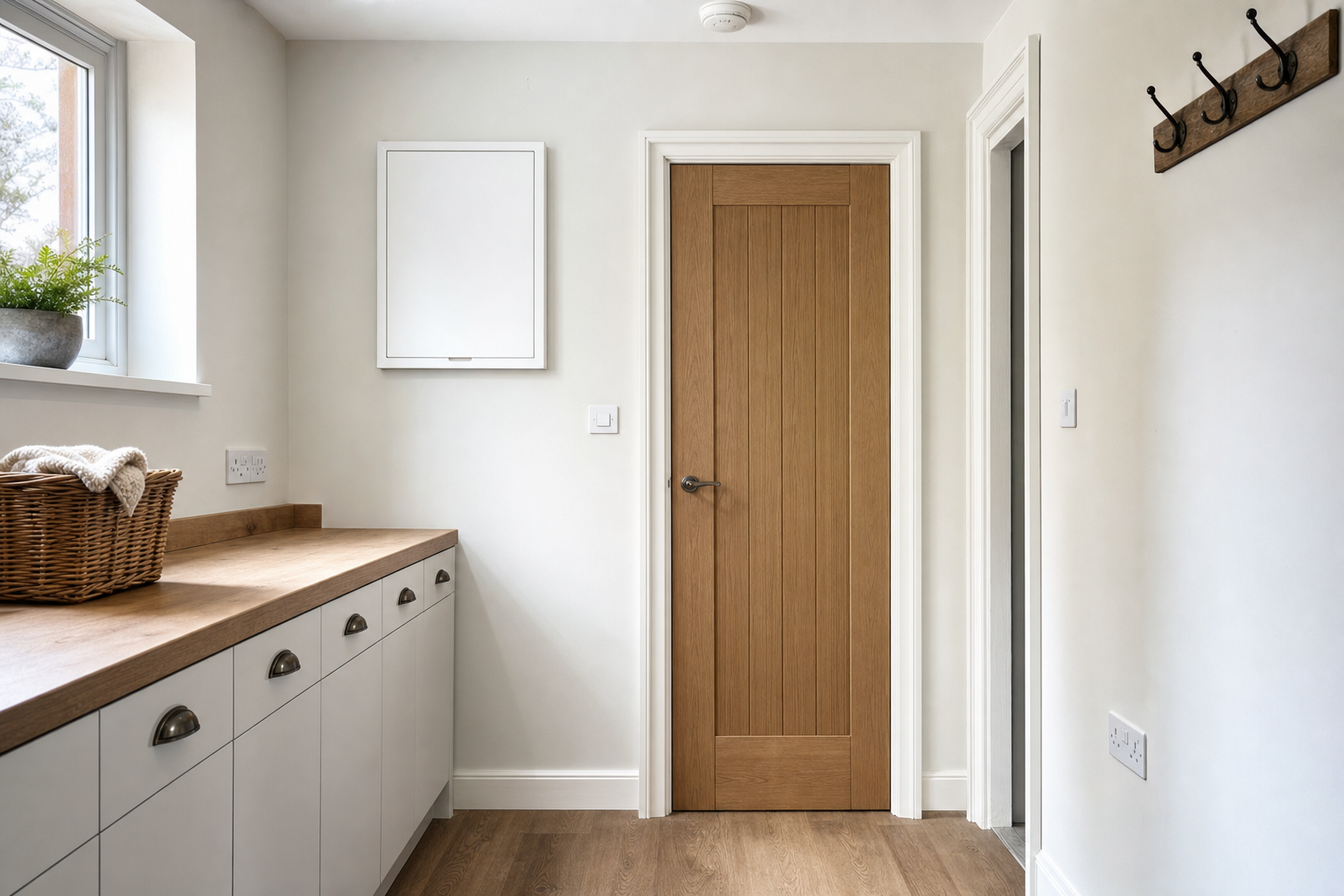 Modern utility room with a wooden counter, a wicker basket, and a closed wooden door.