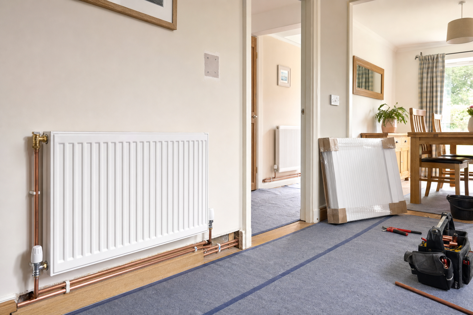 Newly installed radiator with copper piping in a partially furnished room undergoing maintenance.