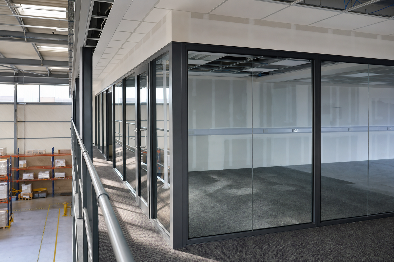 Glass-walled office overlooking a warehouse with shelving and storage.